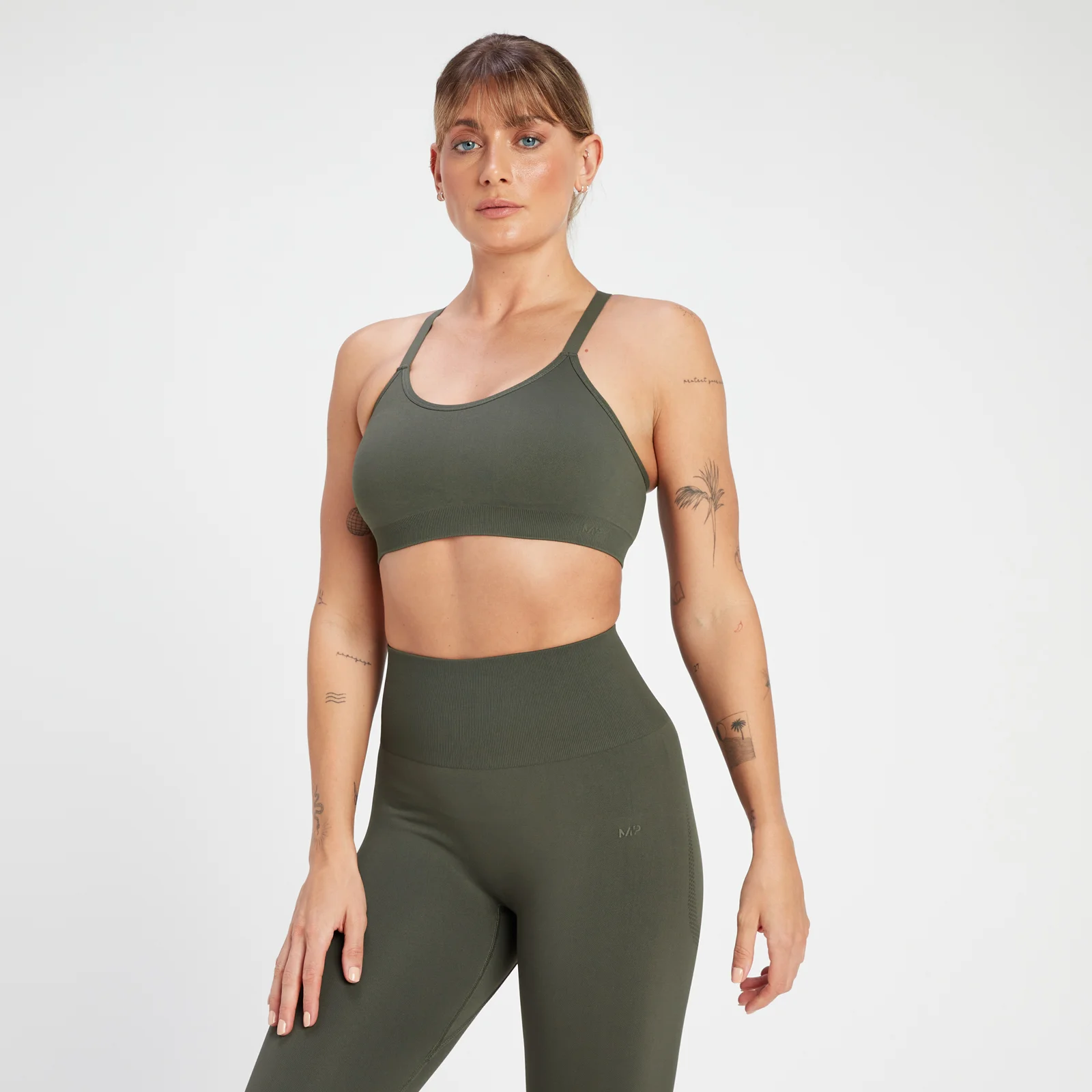 Bustieră sport fără cusături cu bretele încrucișate la spate MP Rest Day pentru femei - Taupe Green - XS Imagine 1