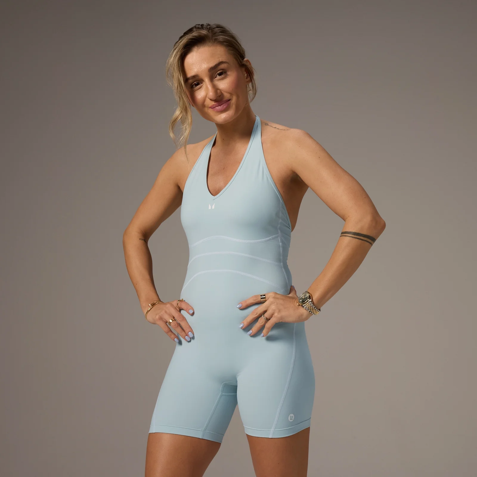 Combinezon cu pantaloni scurți cu model după gât MP X Tatiana Contrast - Light Aqua - L Imagine 1