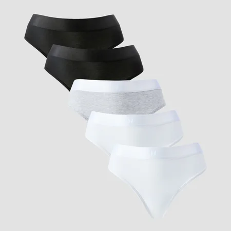 Slip tanga cu talie medie MP pentru femei (set de 5 perechi) - Alb/Negru/Grey Marl