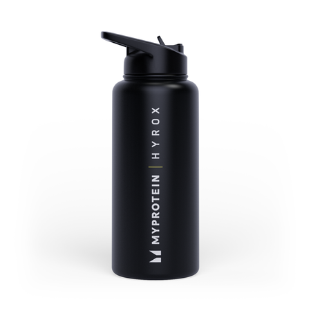 Sticlă Myprotein Hyrox din metal reciclat cu pai rabatabil 1L - Negru