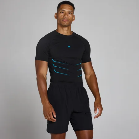 Tricou Seamless Lift Muscle Fit - Negru Spălat/Albastru Power